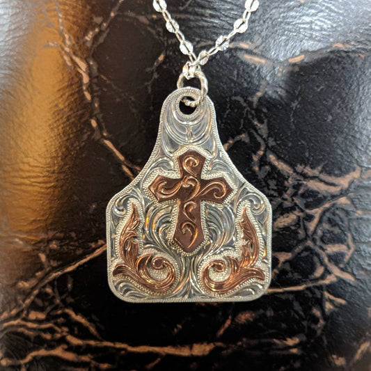 Sterling Silver Cow Tag with Copper Cross Overlay Engraved Western Pendant Design PND00010 by Loreena Rose