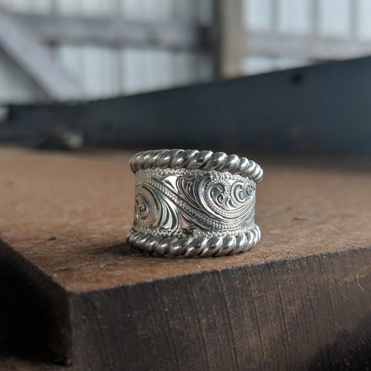 Sterling Silver Hand-Engraved Wriggle line and Scrolls Western Ring, Tapered Style, Sterling Silver Rope Edge, For Her, Design RNG00028 by Loreena Rose