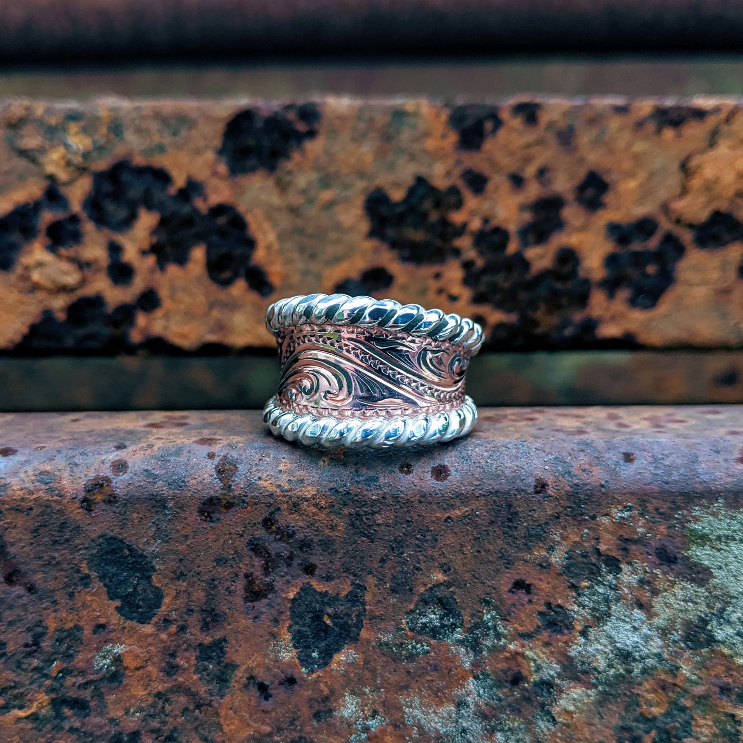 Copper Hand-Engraved Wriggle Line/Leaf Western Ring, Sterling Silver Rope Edge, Western Band Design RNG00033 by Loreena Rose