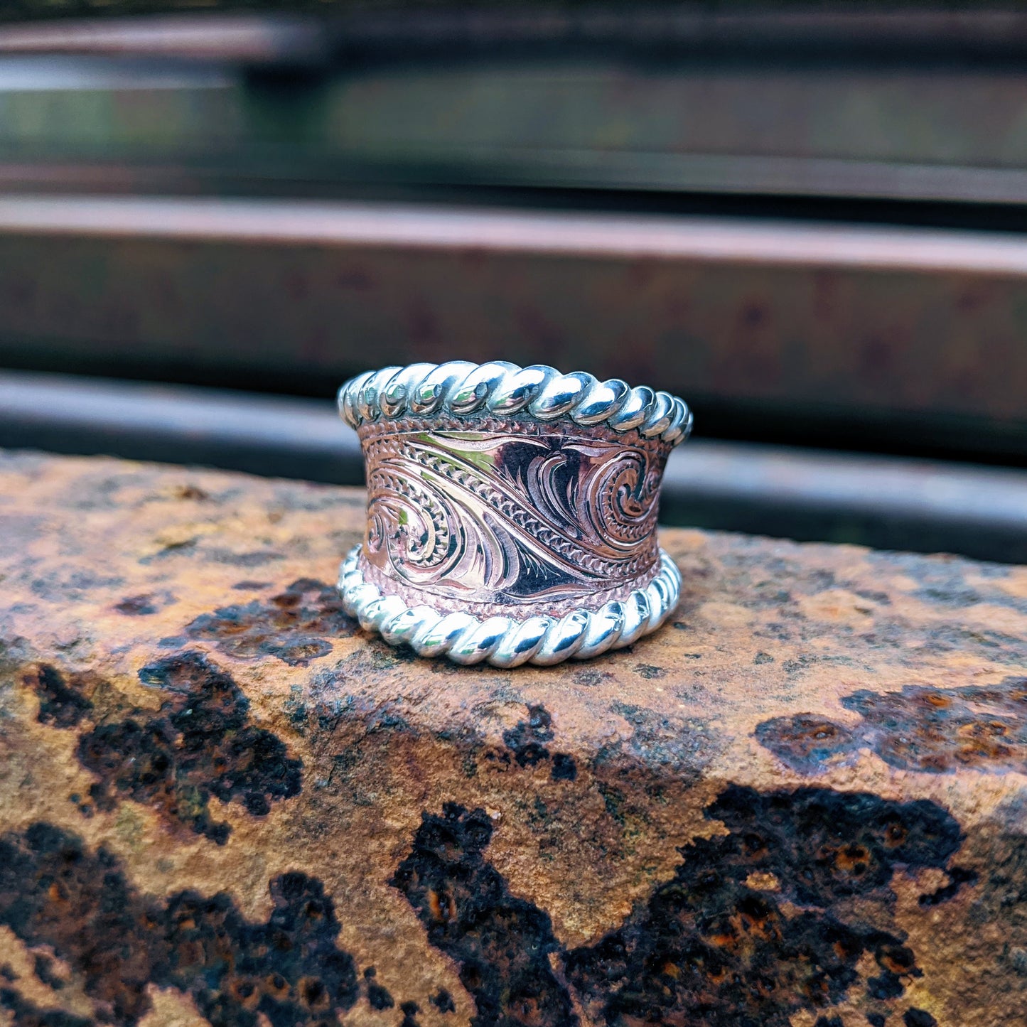 Copper Hand-Engraved Wriggle Line/Leaf Western Ring, Sterling Silver Rope Edge, Western Band Design RNG00033 by Loreena Rose