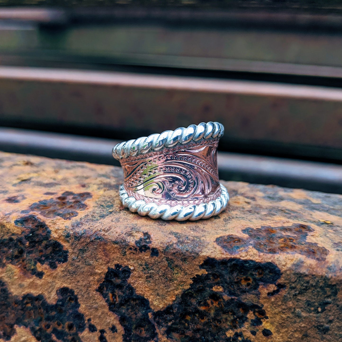 Copper Hand-Engraved Wriggle Line/Leaf Western Ring, Sterling Silver Rope Edge, Western Band Design RNG00033 by Loreena Rose