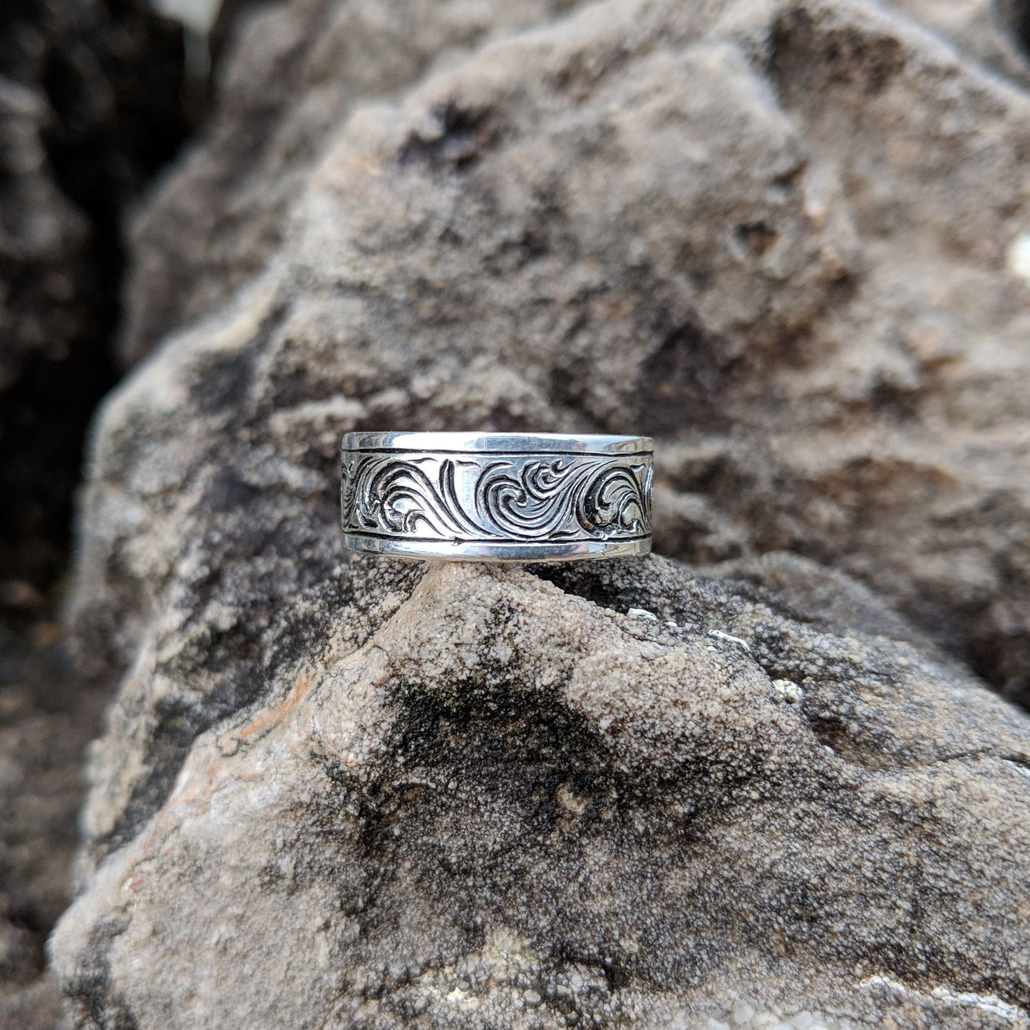Sterling Silver 10mm Wide Antiqued Engraved Western Band Ring Design RNG00044 by Loreena Rose