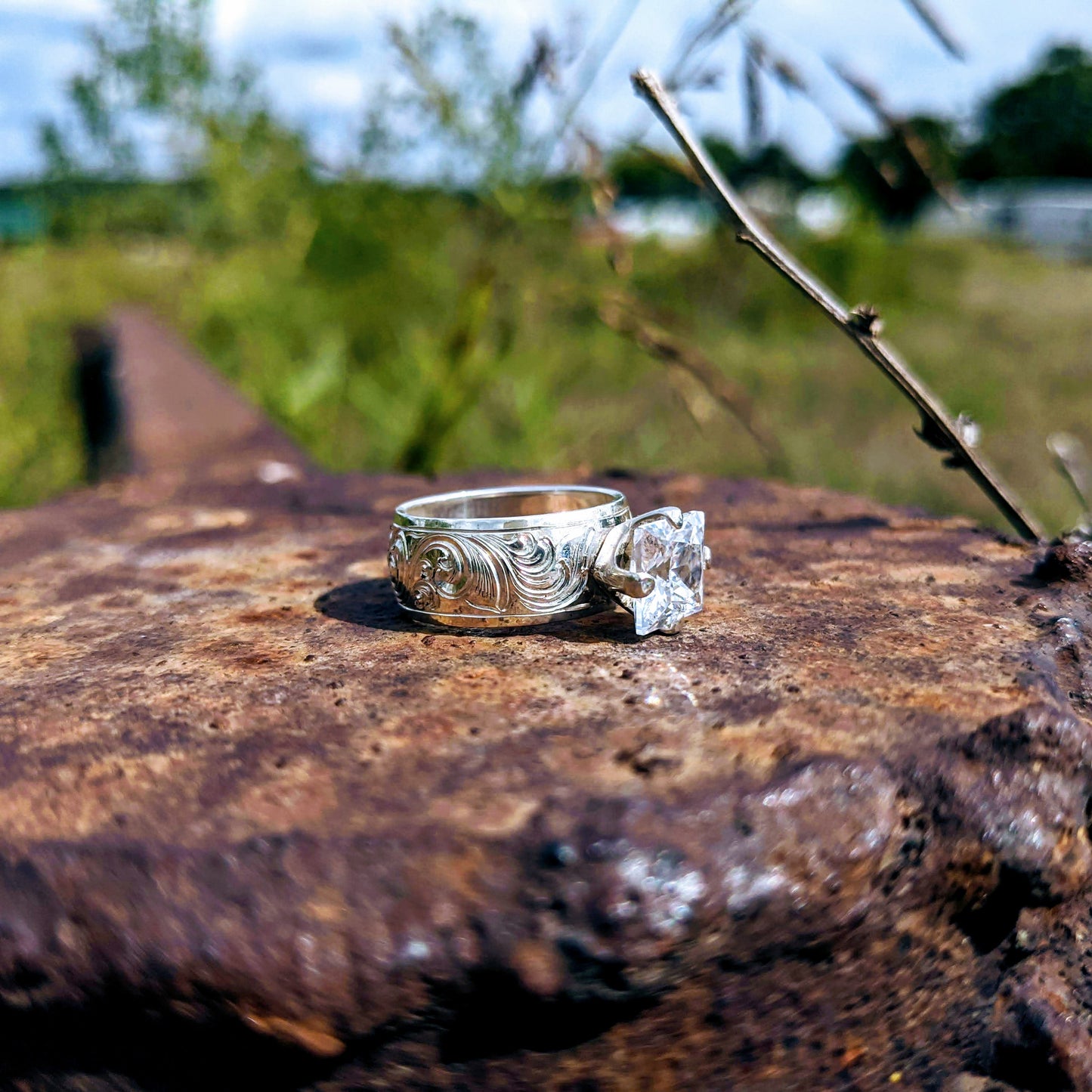 Hand Engraved Engagement Ring, Sterling Silver Western Wedding Ring, Square Stone, Anniversary Gift For Her, Design RNG00047 by Loreena Rose