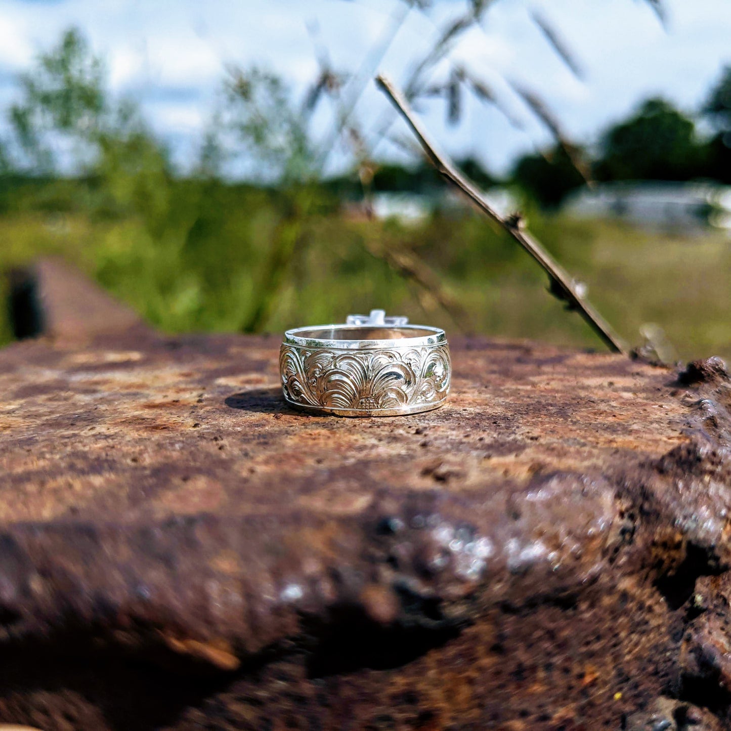 Hand Engraved Engagement Ring, Sterling Silver Western Wedding Ring, Square Stone, Anniversary Gift For Her, Design RNG00047 by Loreena Rose