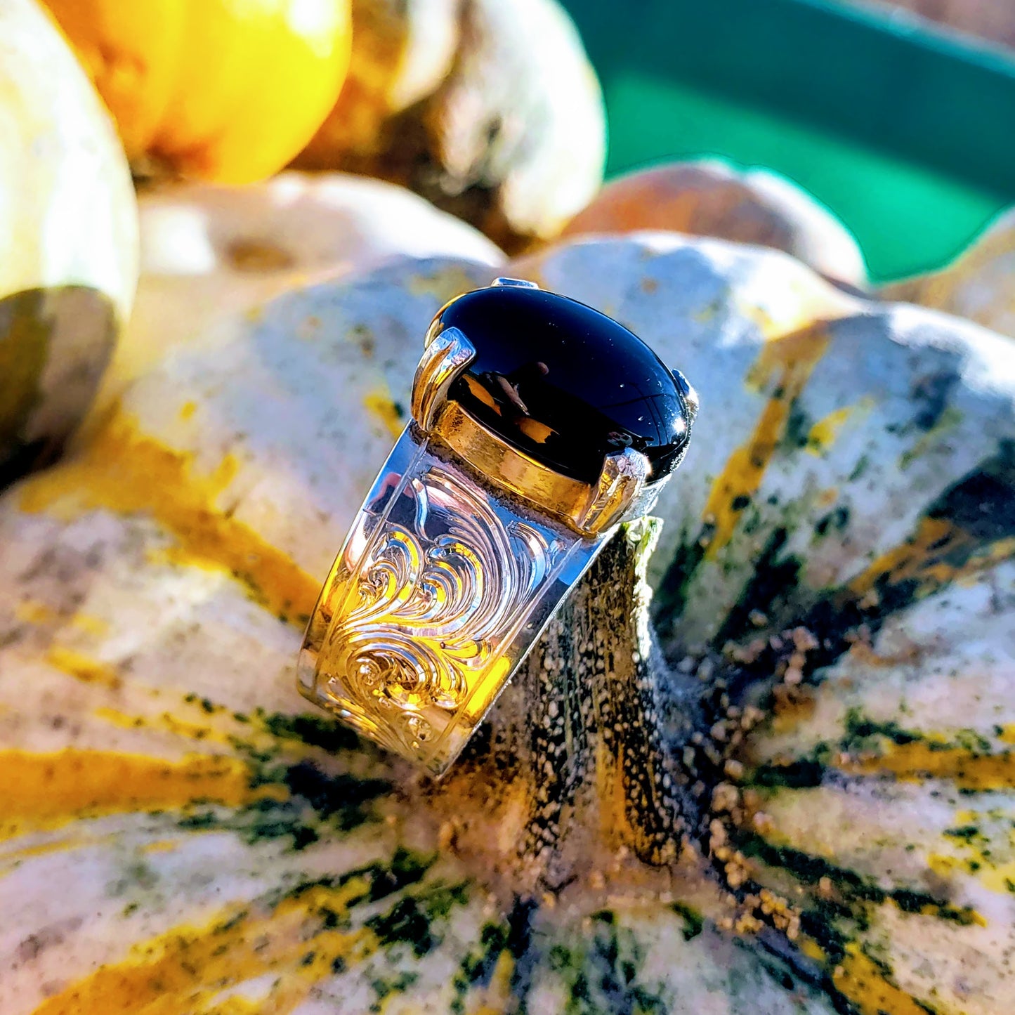 Sterling Silver Engraved Ring with Oval Black Onyx Stone Design RNG00049 by Loreena Rose