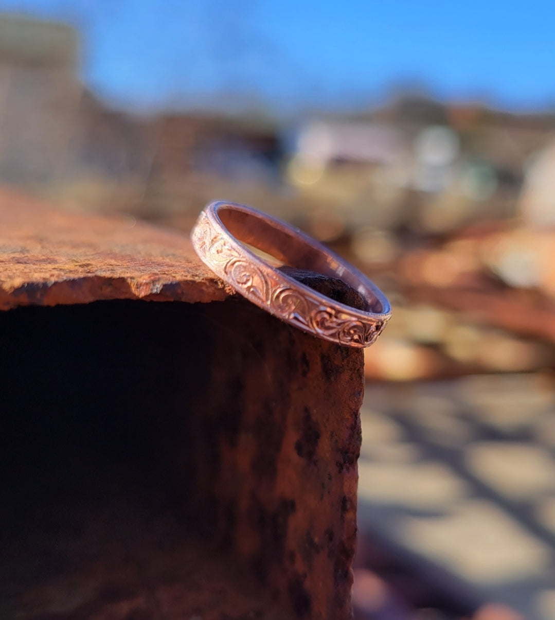 Slim Copper Hand Engraved Wedding Band, Stackable Gifts for Her, Unique Gifts for Him