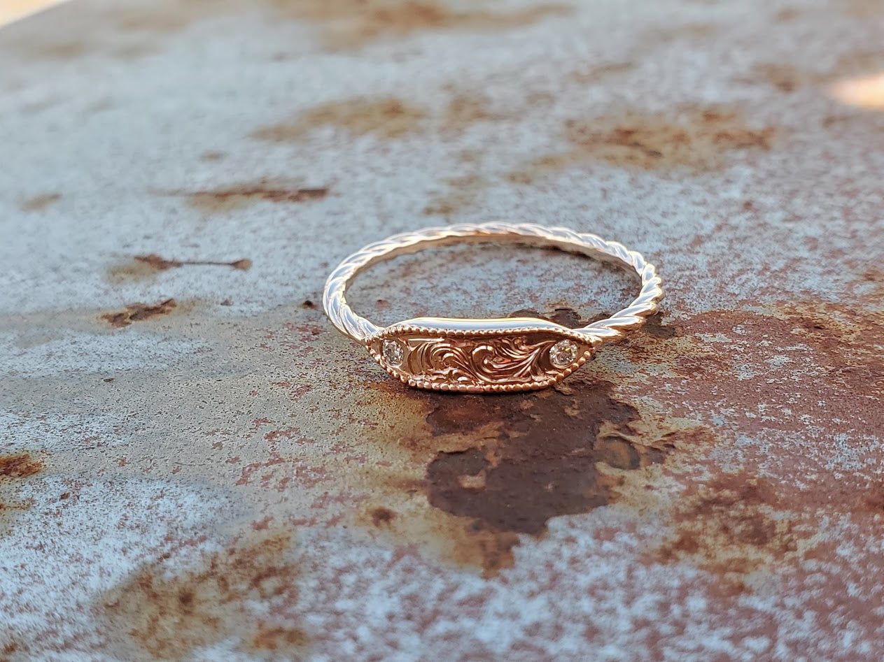 The Kaya: Dainty Engraved 10K Rose or White Gold Rope Ring with Diamonds, Western Signet Ring, Cowgirl Ring, Cowgirl Wedding Band, Western Stacking Band
