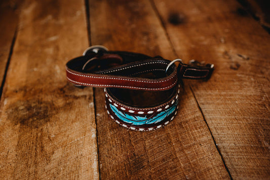 Leather Cross Body Camera Strap - Buck-stitched Painted Hand Tooled Feather Design