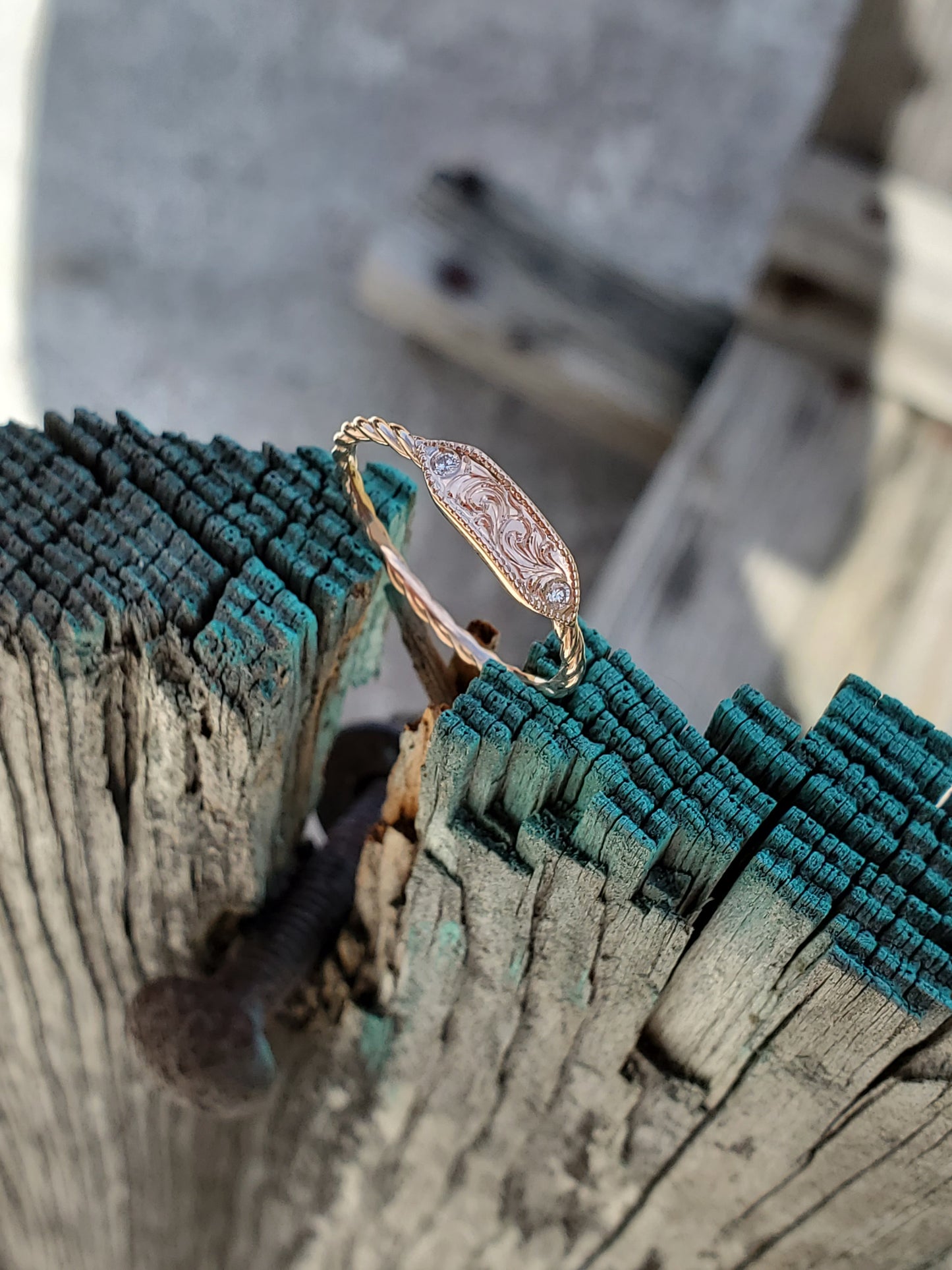 The Kaya: Dainty Engraved 10K Rose or White Gold Rope Ring with Diamonds, Western Signet Ring, Cowgirl Ring, Cowgirl Wedding Band, Western Stacking Band