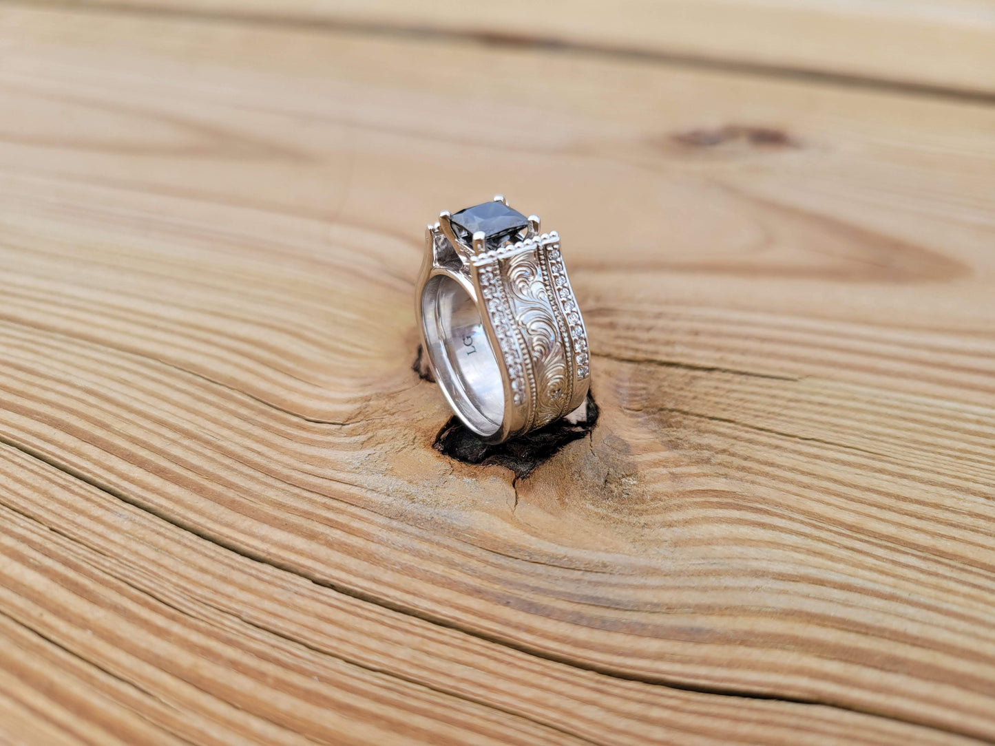 The Tangy: Black Moissanite Cathedral Style Ring, Unique Cowgirl Ring, Western Engagement Ring, Western Anniversary Ring, 10K white gold, Sterling silver