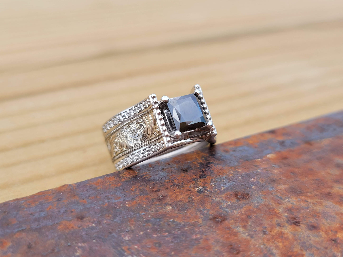 The Tangie: Black Moissanite Cathedral Style Ring, Unique Cowgirl Ring, Western Engagement Ring, Western Anniversary Ring, 10K white gold, Sterling silver
