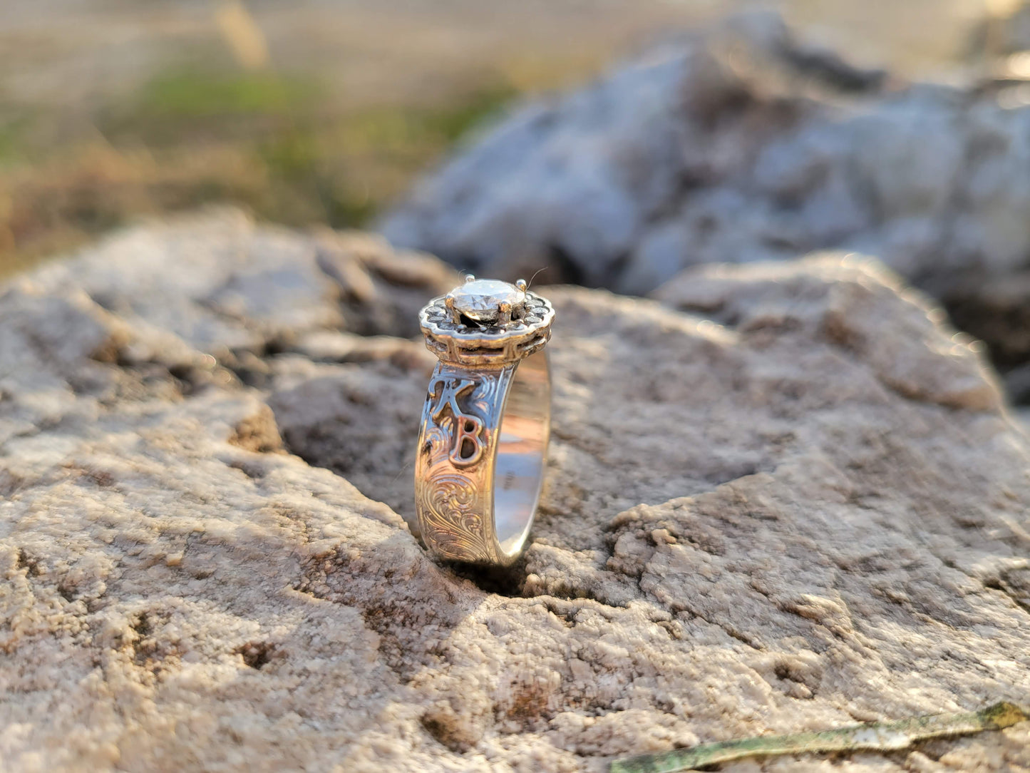 The Brittany: Sterling silver or white gold engagement ring with round halo, Beautiful Western Engagement Ring, Unique Cowgirl Engagement Ring