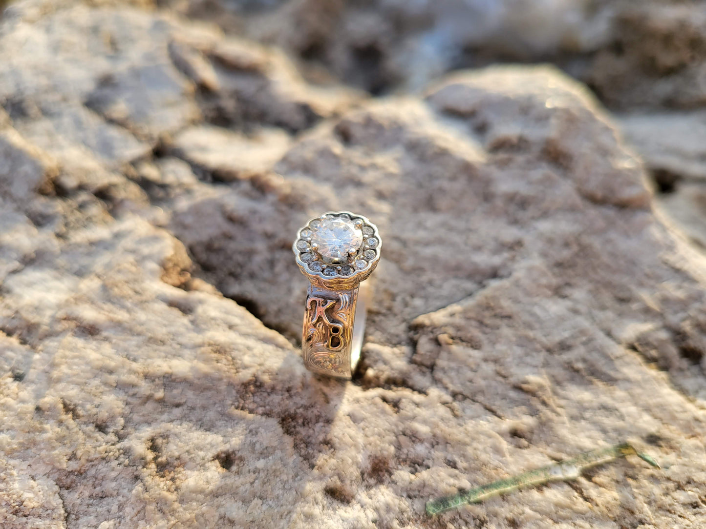 The Brittany: Sterling silver or white gold engagement ring with round halo, Beautiful Western Engagement Ring, Unique Cowgirl Engagement Ring