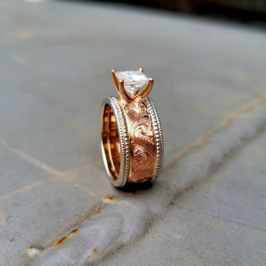 The Jaclyn: Double Bead Edge Rose Gold Ring With Brilliant Cut Moissanite Stone, Western Engagement Ring, Western Rings for Her