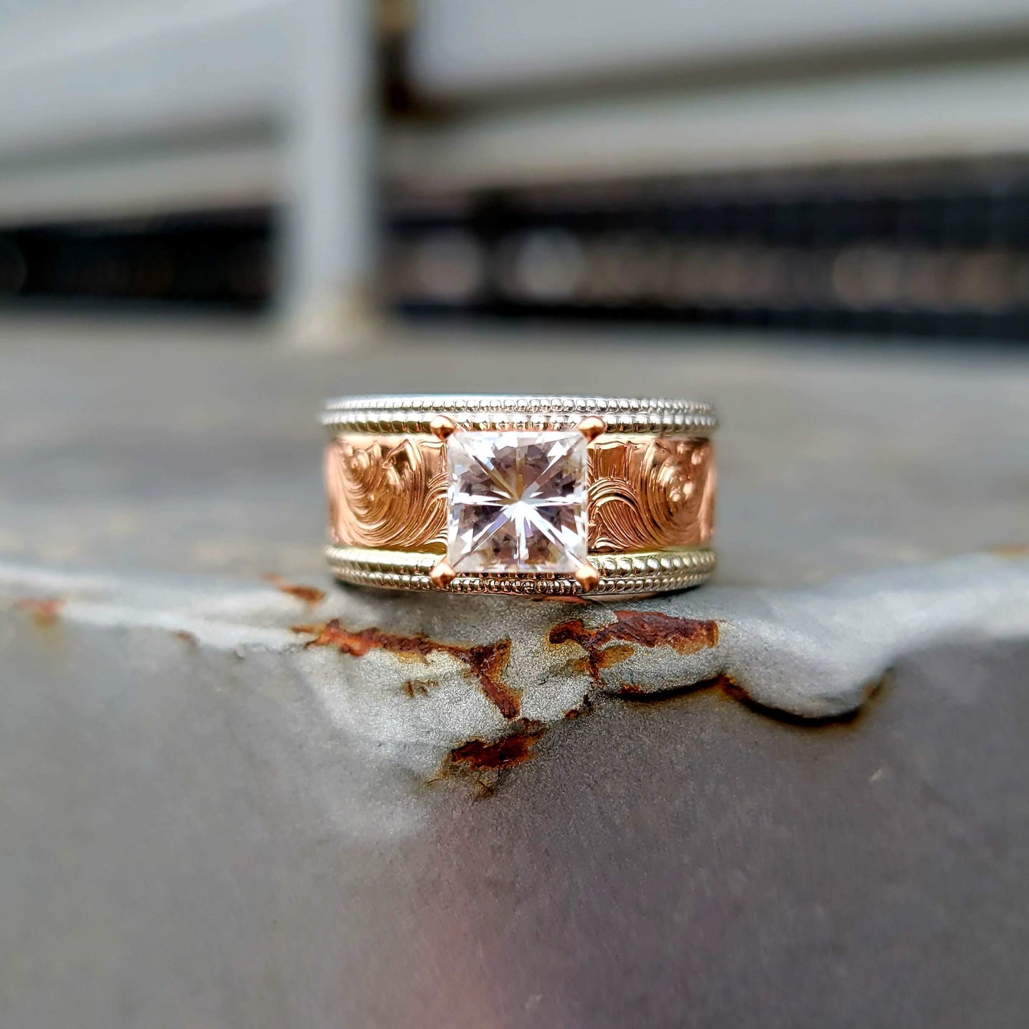 The Jaclyn: Double Bead Edge Rose Gold Ring With Brilliant Cut Moissanite Stone, Western Engagement Ring, Western Rings for Her