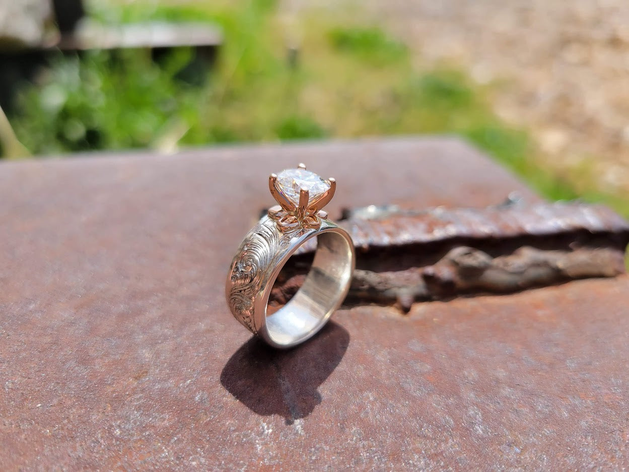 The Flora: Rose Gold Flower Setting With Oval Moissanite On A Hand-Engraved Sterling Silver Band, Cowgirl Engagement Ring