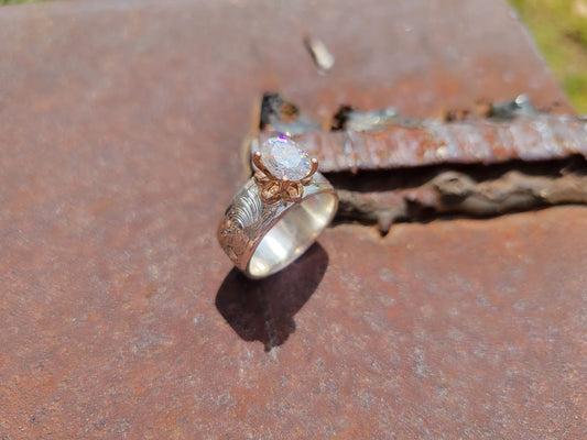 The Flora: Rose Gold Flower Setting With Oval Moissanite On A Hand-Engraved Sterling Silver Band, Cowgirl Engagement Ring