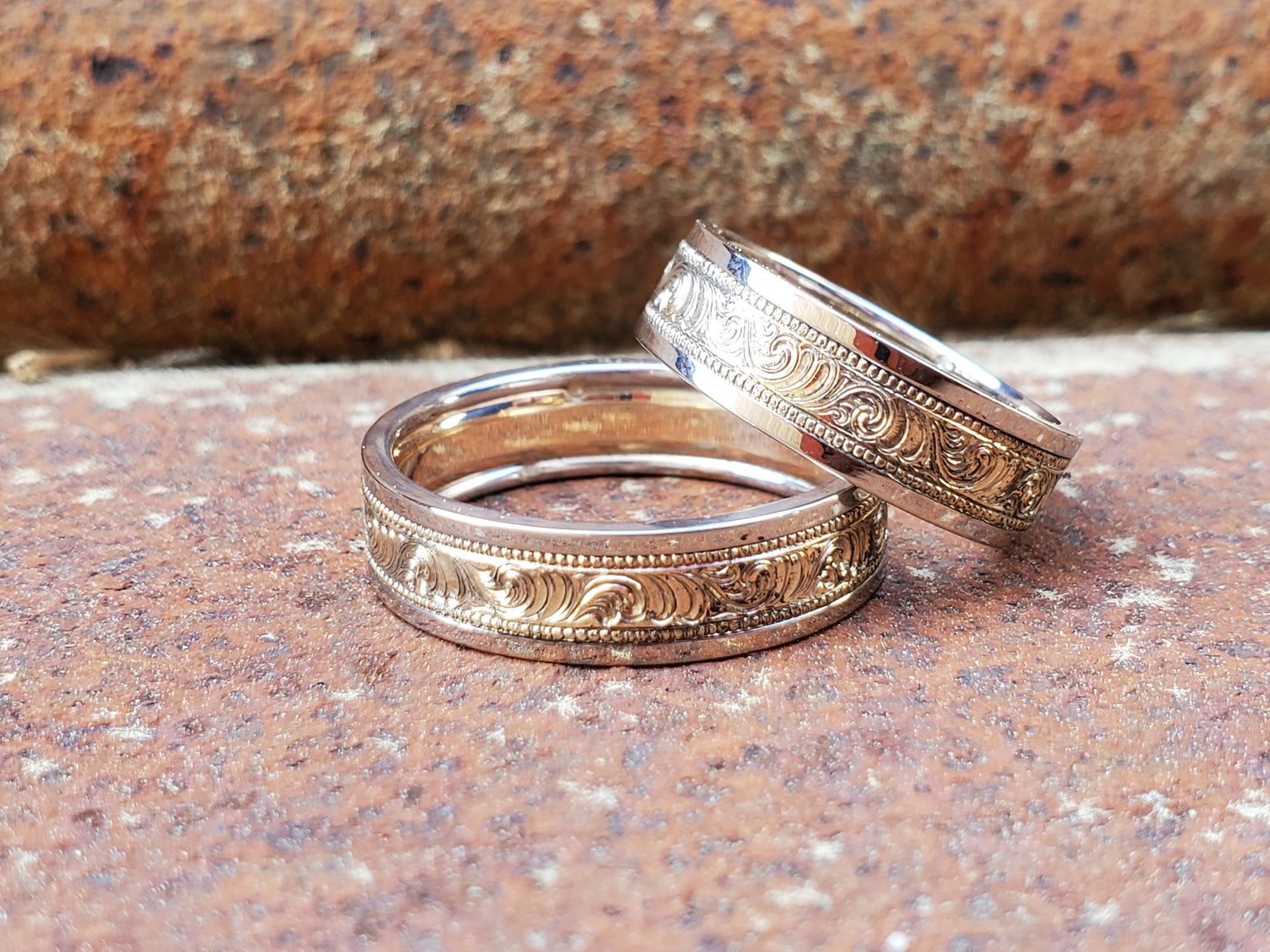 The Ryan: Men's Wedding Band, Rose or Yellow Gold and White Gold Ring, Hand Engraved, Western Gift for him