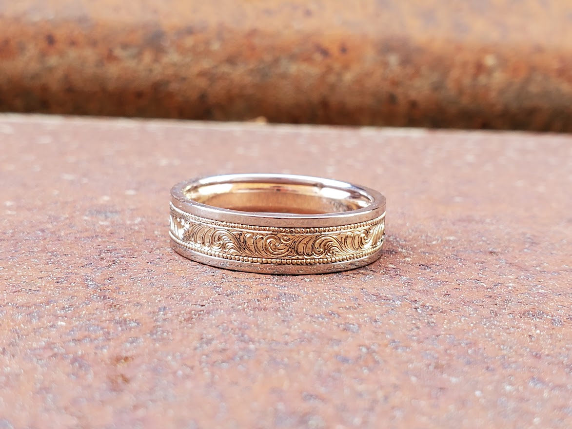 The Ryan: Men's Wedding Band, Rose or Yellow Gold and White Gold Ring, Hand Engraved, Western Gift for him
