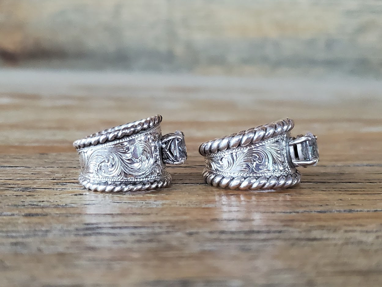 Sterling Silver Engraved Ring with Unique Oval Setting and Rope Edge