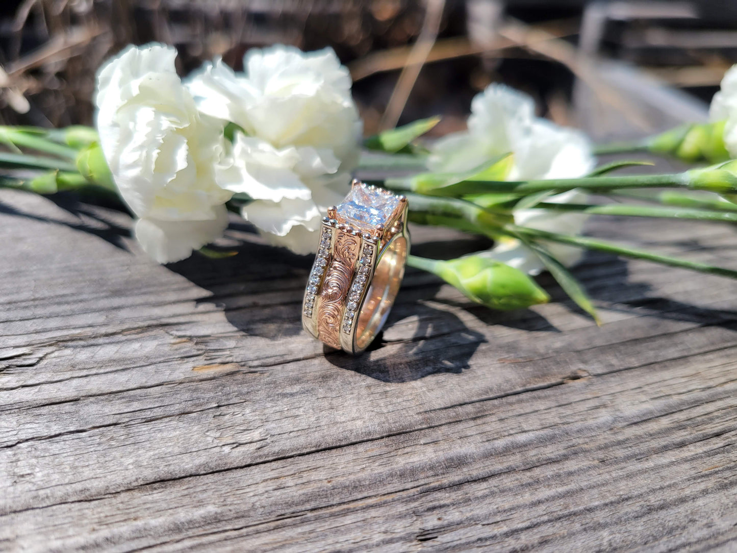 The Mia: 10K Rose Gold, Moissanite Center Cathedral Western Engagement Ring, Cowgirl Engagement Ring, Western Wedding Ring, Unique handmade ring