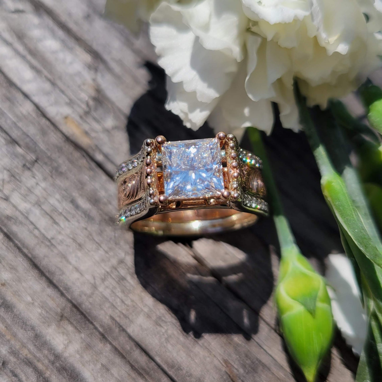 The Mia: 10K Rose Gold, Moissanite Center Cathedral Western Engagement Ring, Cowgirl Engagement Ring, Western Wedding Ring, Unique handmade ring