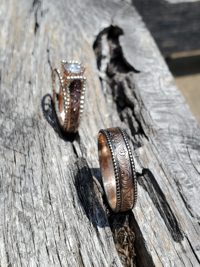 The Lorna Set: Rose Gold & Sterling Silver Trio: Western Wedding Ring Set, Stackable Engagement Ring Set