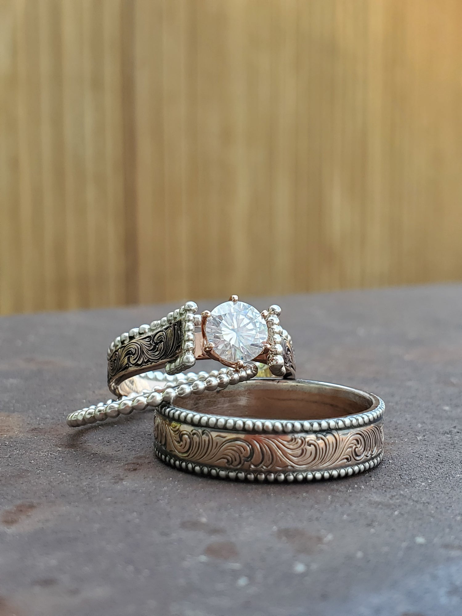 The Levi: Hand-Engraved Rose Gold and Sterling Silver Men's Wedding Ba The Levi: Hand-Engraved Rose Gold and Sterling Silver Men's Wedding Ba
