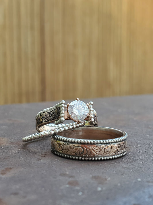 The Levi: Hand-Engraved Rose Gold and Sterling Silver Men's Wedding Band, Western Wedding Band