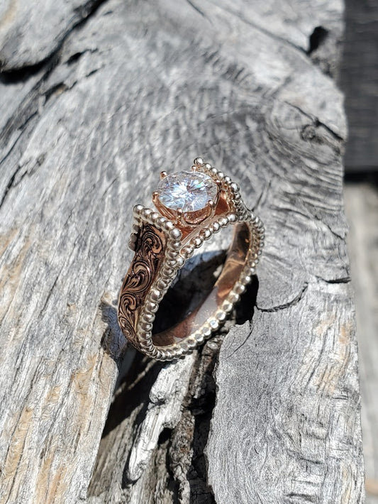 The Lorna, Two Tone Rose Gold and Sterling Silver Hand-Engraved Cowgirl Engagement Ring, Hand-Engraved Engagement Ring