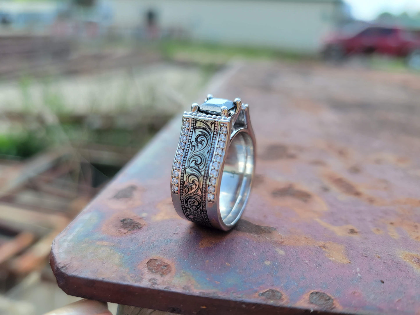 The Tangie: Black Moissanite Cathedral Style Ring, Unique Cowgirl Ring, Western Engagement Ring, Western Anniversary Ring, 10K white gold, Sterling silver