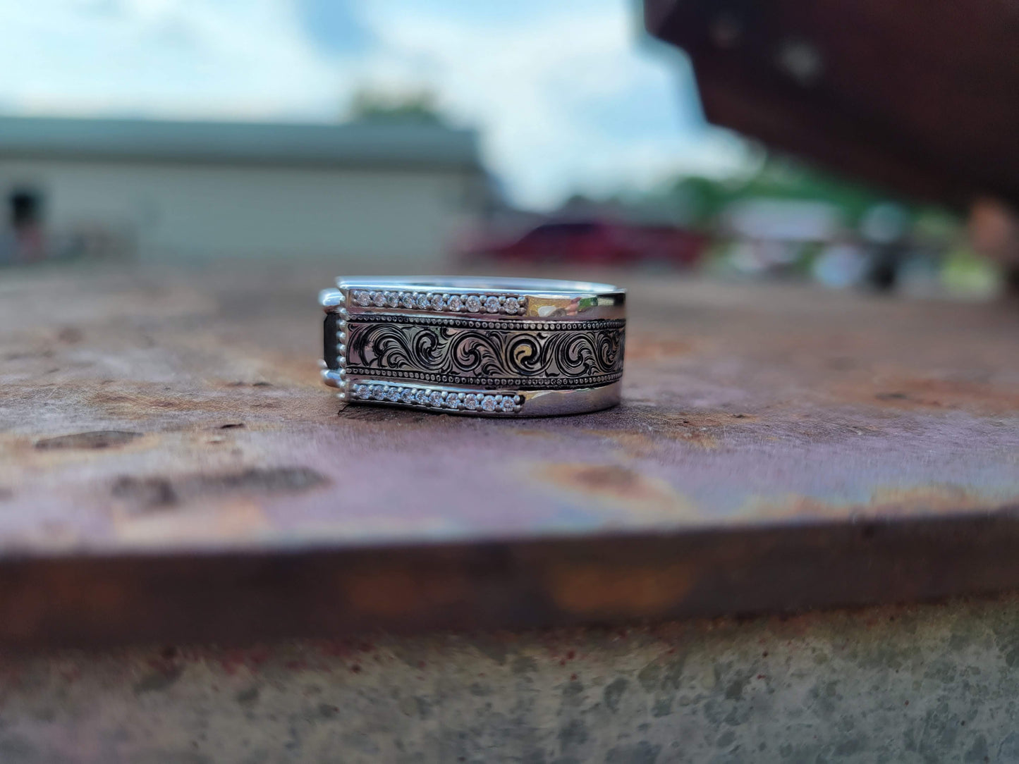 The Tangie: Black Moissanite Cathedral Style Ring, Unique Cowgirl Ring, Western Engagement Ring, Western Anniversary Ring, 10K white gold, Sterling silver