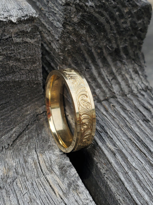 The Henry: 10K-18K Yellow Gold Band, Men's Western Wedding Band, Yellow Gold Wedding Ring, Hand-engraved Ring, Cowboy Wedding Ring