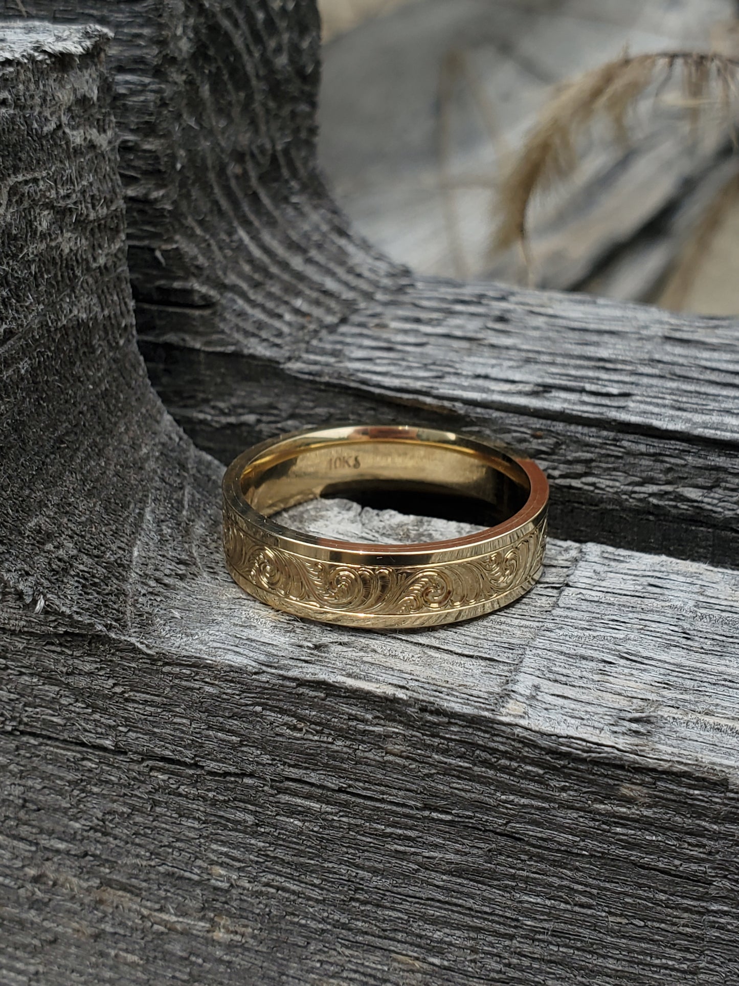 The Henry: 10K-18K Yellow Gold Band, Men's Western Wedding Band, Yellow Gold Wedding Ring, Hand-engraved Ring, Cowboy Wedding Ring