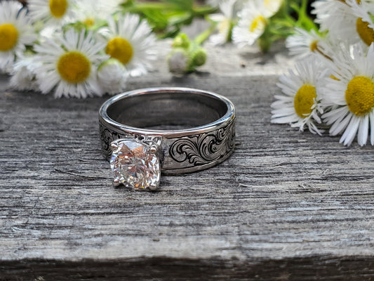 The Daisy: Antiqued Western Engagement Ring in Sterling Silver or White Gold, Western Engagement Ring