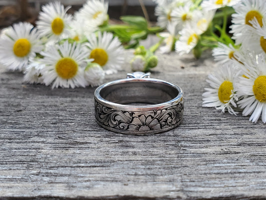 The Daisy: Antiqued Western Engagement Ring in Sterling Silver or White Gold, Western Engagement Ring