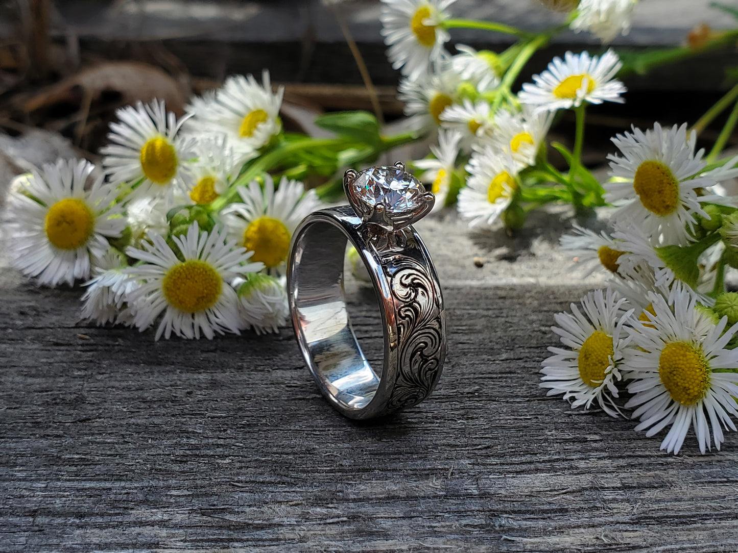The Daisy: Antiqued Western Engagement Ring in Sterling Silver or White Gold, Western Engagement Ring