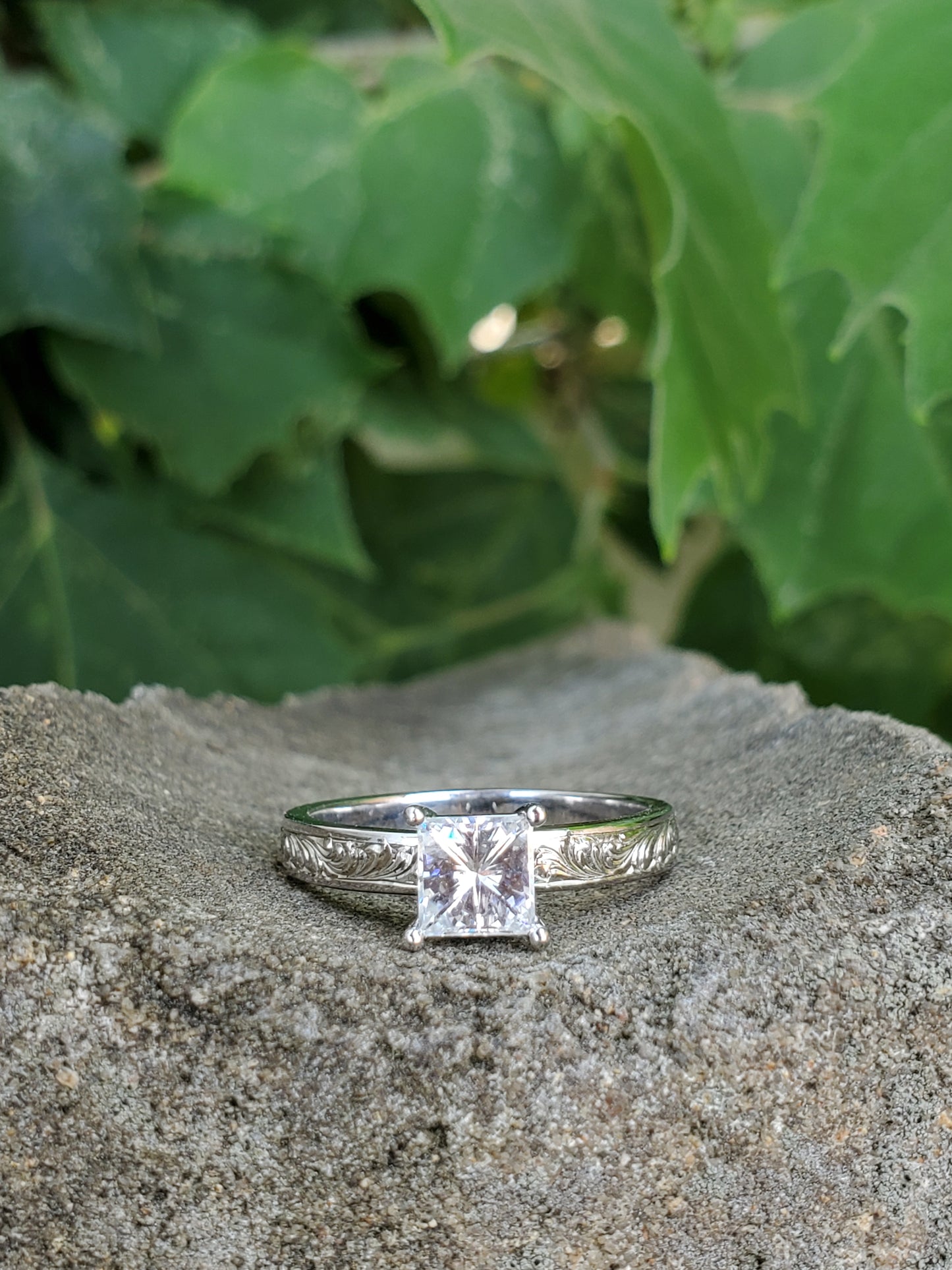 The Talia with a Natural Diamond: 10K, 14K, or 18K White Gold Engagement Ring with 1ct. Princess Cut Center Stone, Western Engagement Ring