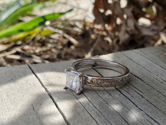 The Talia with a Natural Diamond: 10K, 14K, or 18K White Gold Engagement Ring with 1ct. Princess Cut Center Stone, Western Engagement Ring