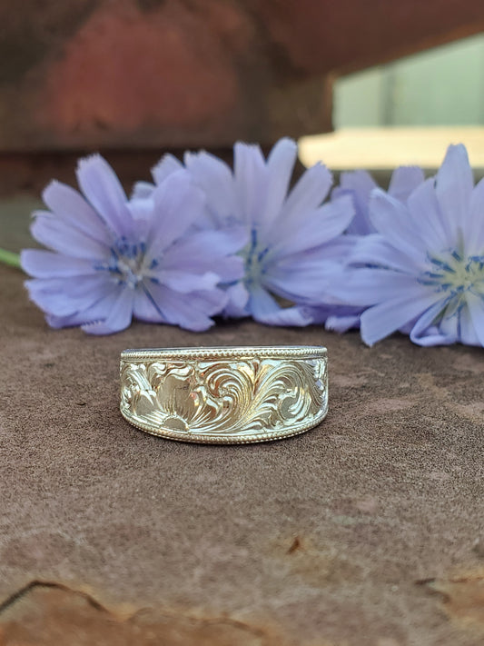 Wild Flower: tapered white gold or sterling silver floral carved hand-engraved ring, women's western jewelry