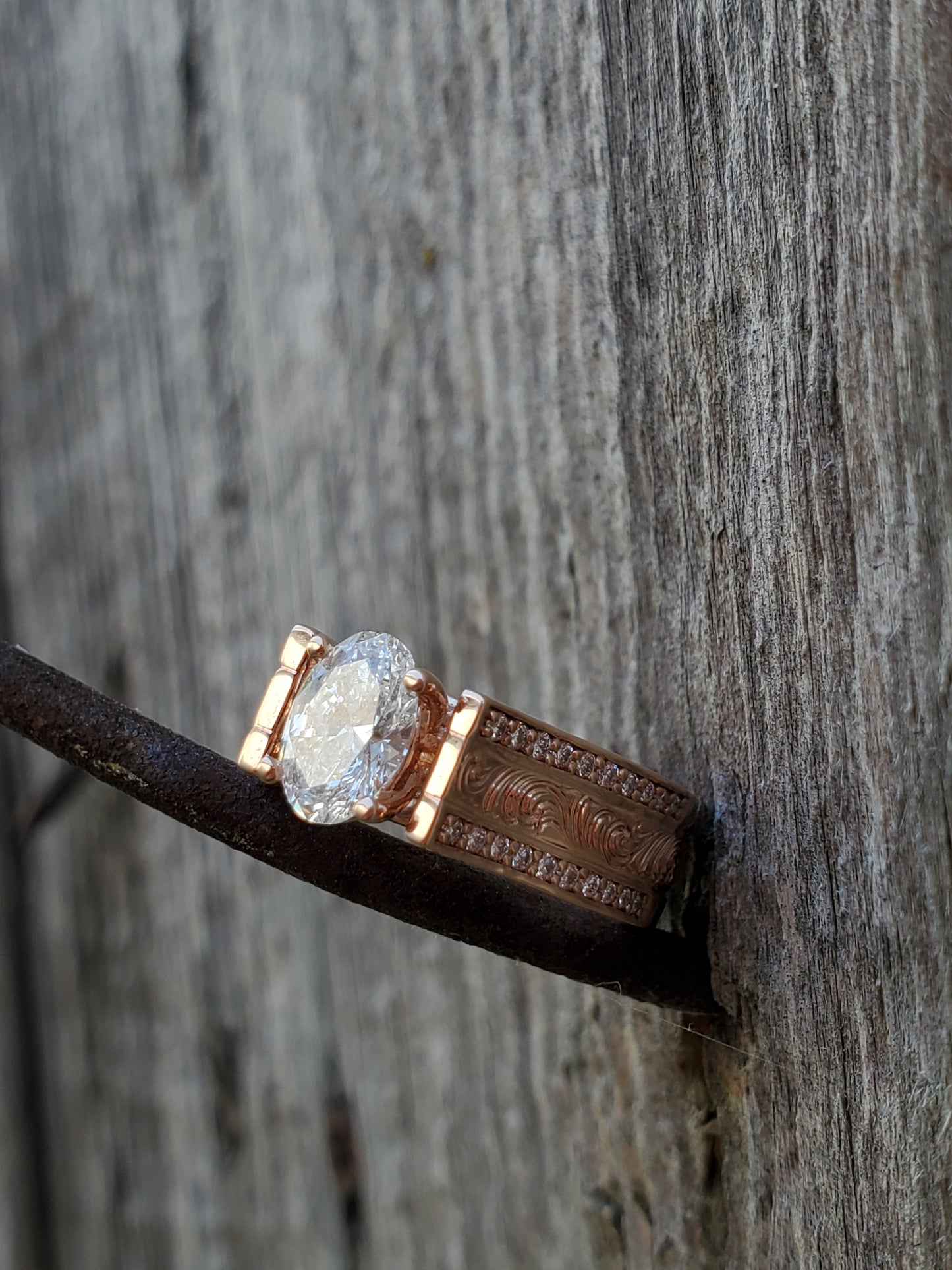 The Ella: Cathedral Style, Hand-Engraved Rose Gold Ring With Oval Center Stone and Channel Set Diamonds along Sides