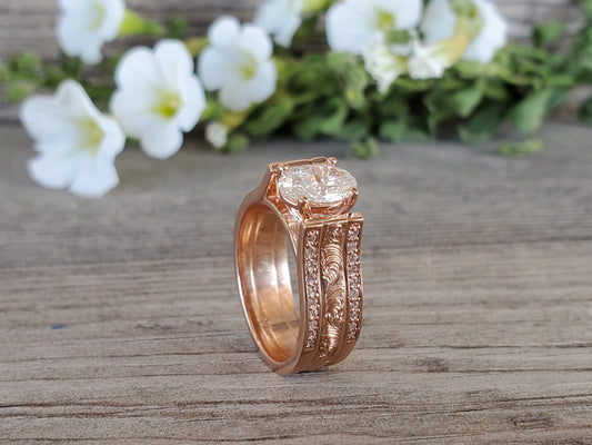 The Ella: Cathedral Style, Hand-Engraved Rose Gold Ring With Oval Center Stone and Channel Set Diamonds along Sides