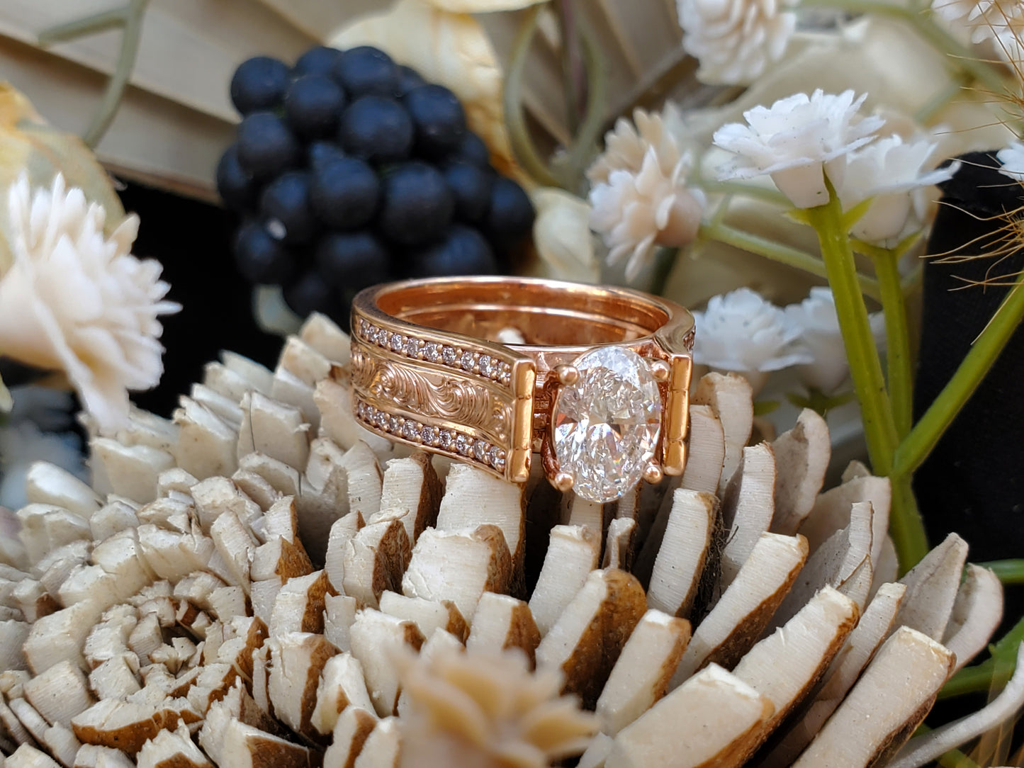 The Ella: Cathedral Style, Hand-Engraved Rose Gold Ring With Oval Center Stone and Channel Set Diamonds along Sides