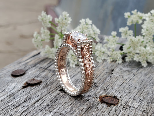 The Lorna, Two Tone Rose Gold and Sterling Silver Hand-Engraved Cowgirl Engagement Ring, Hand-Engraved Engagement Ring