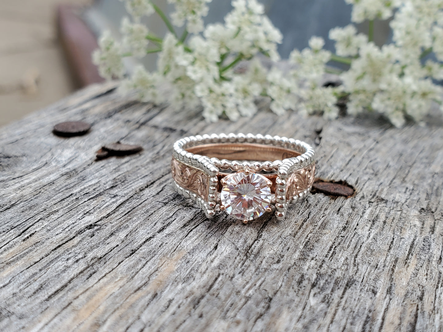 The Lorna: Rose Gold and Sterling Silver Hand-Engraved Cowgirl Engagement Ring