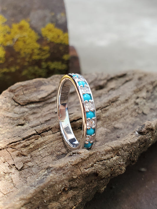 The Callie: 10K White Gold Band with Alternating Diamonds and Turquoise, Western Wedding bands, white gold and diamond wedding band, Western anniversary ring