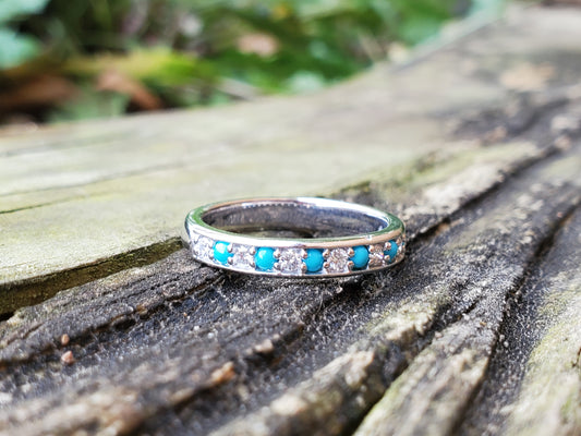 The Callie: 10K White Gold or Platinum Band with Alternating Diamonds and Turquoise, Western Wedding bands, white gold and diamond wedding band, Western anniversary ring