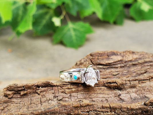 The Millie: Hand-Engraved 10K White Gold Ring with Pear Diamond and Turquoise accents, Western engagement ring, cowgirl ring