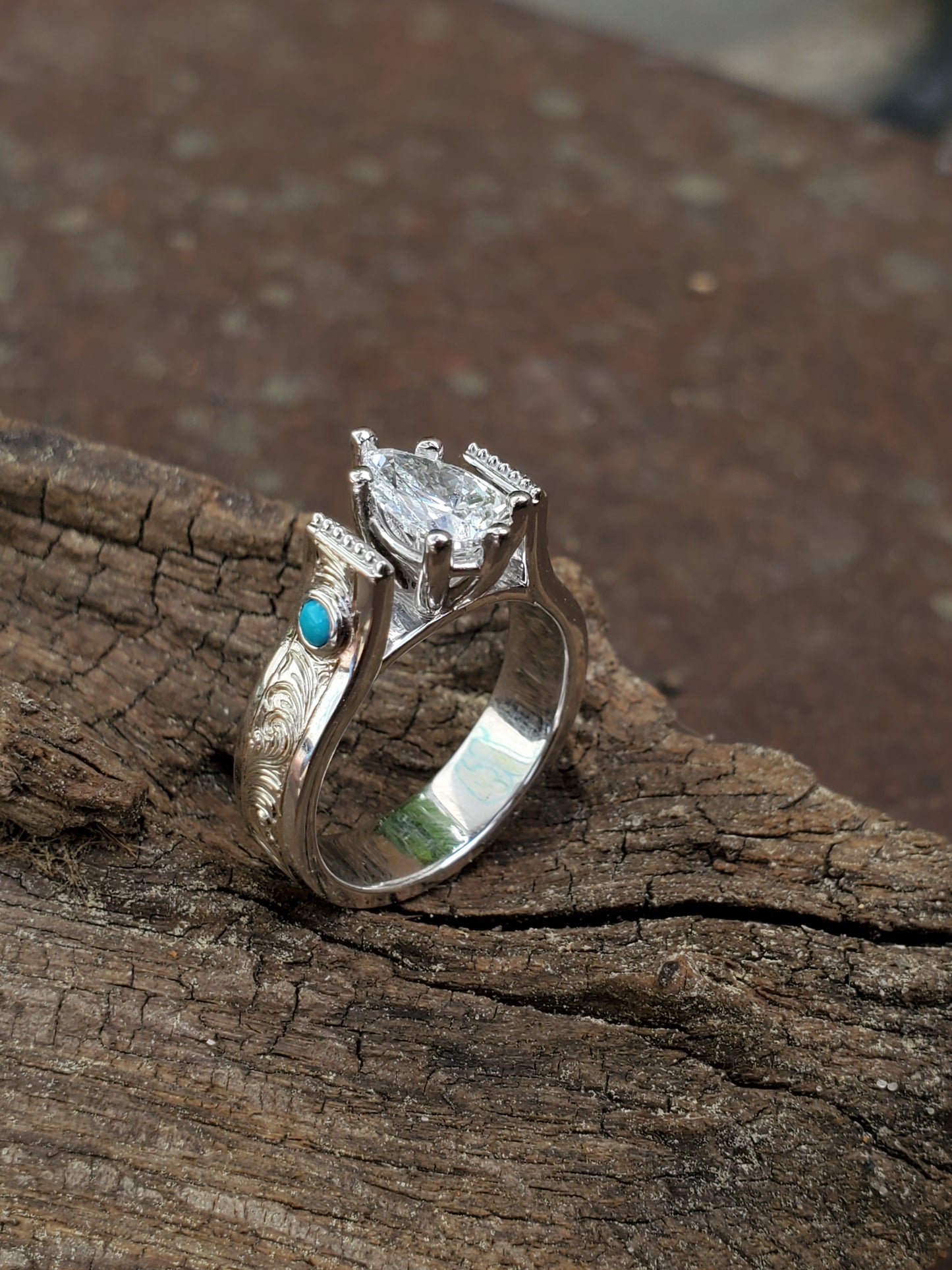 The Millie: Hand-Engraved 10K White Gold Ring with Pear Diamond and Turquoise accents, Western engagement ring, cowgirl ring