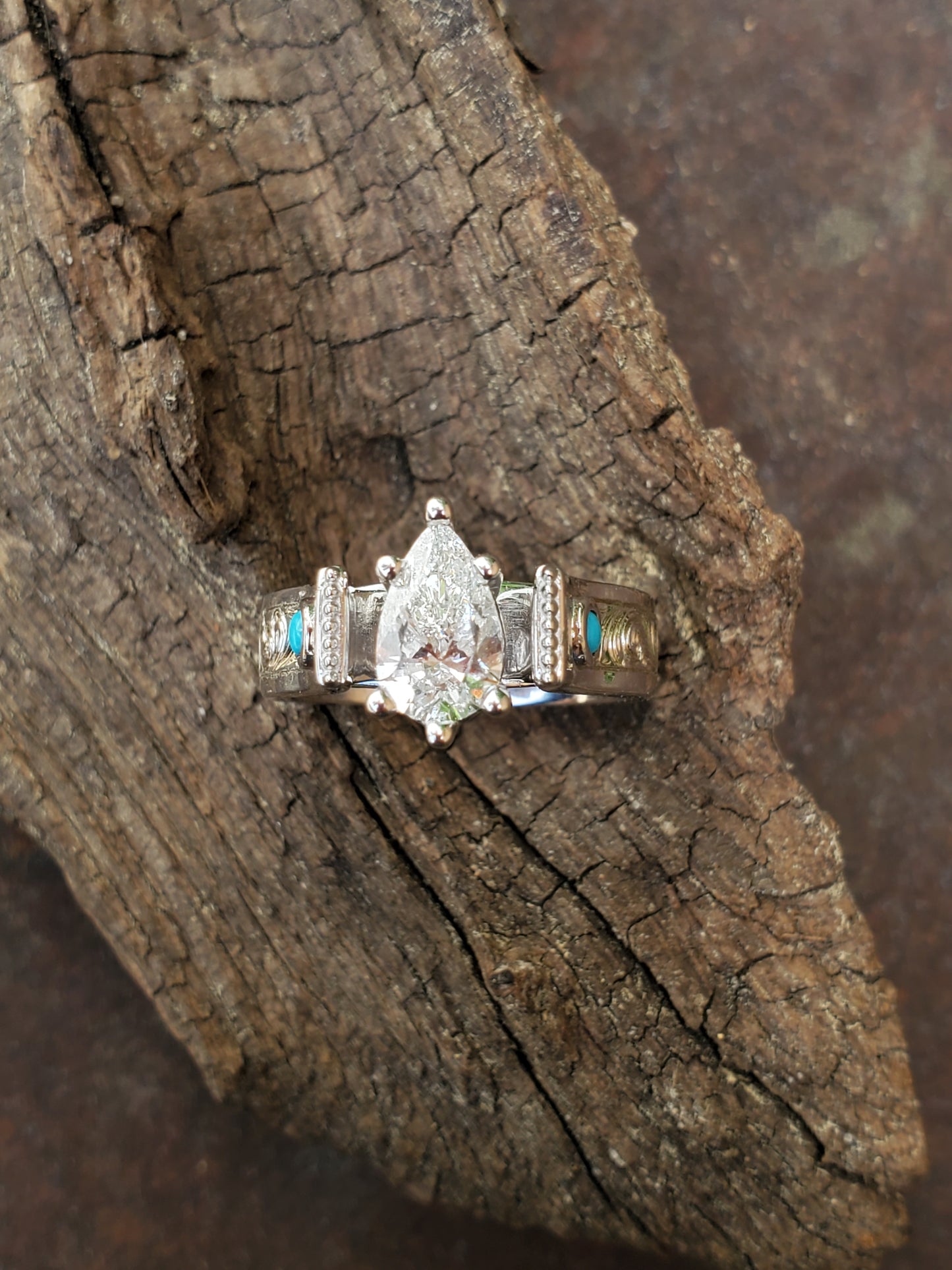 The Millie: Hand-Engraved 10K White Gold Ring with Pear Diamond and Turquoise accents, Western engagement ring, cowgirl ring